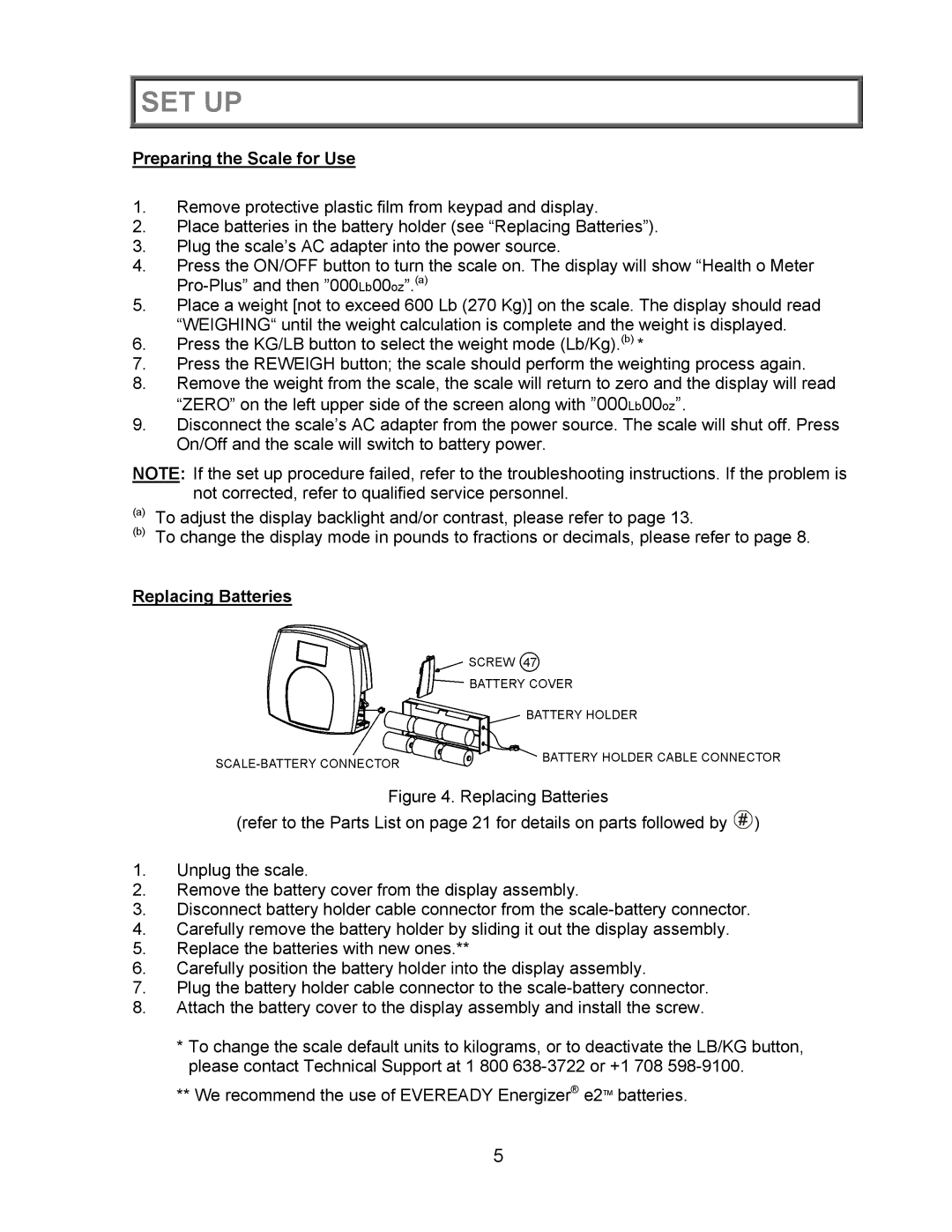 Health O Meter 2450KL operation manual Preparing the Scale for Use, Replacing Batteries 