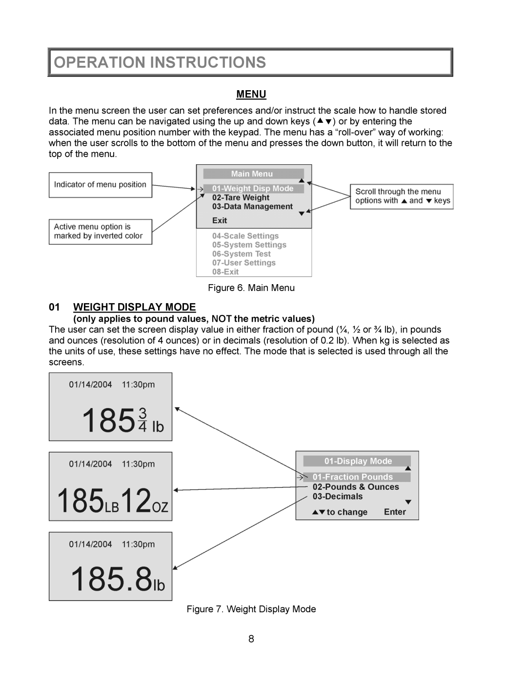 Health O Meter 2450KL operation manual Menu, Weight Display Mode, Only applies to pound values, not the metric values 