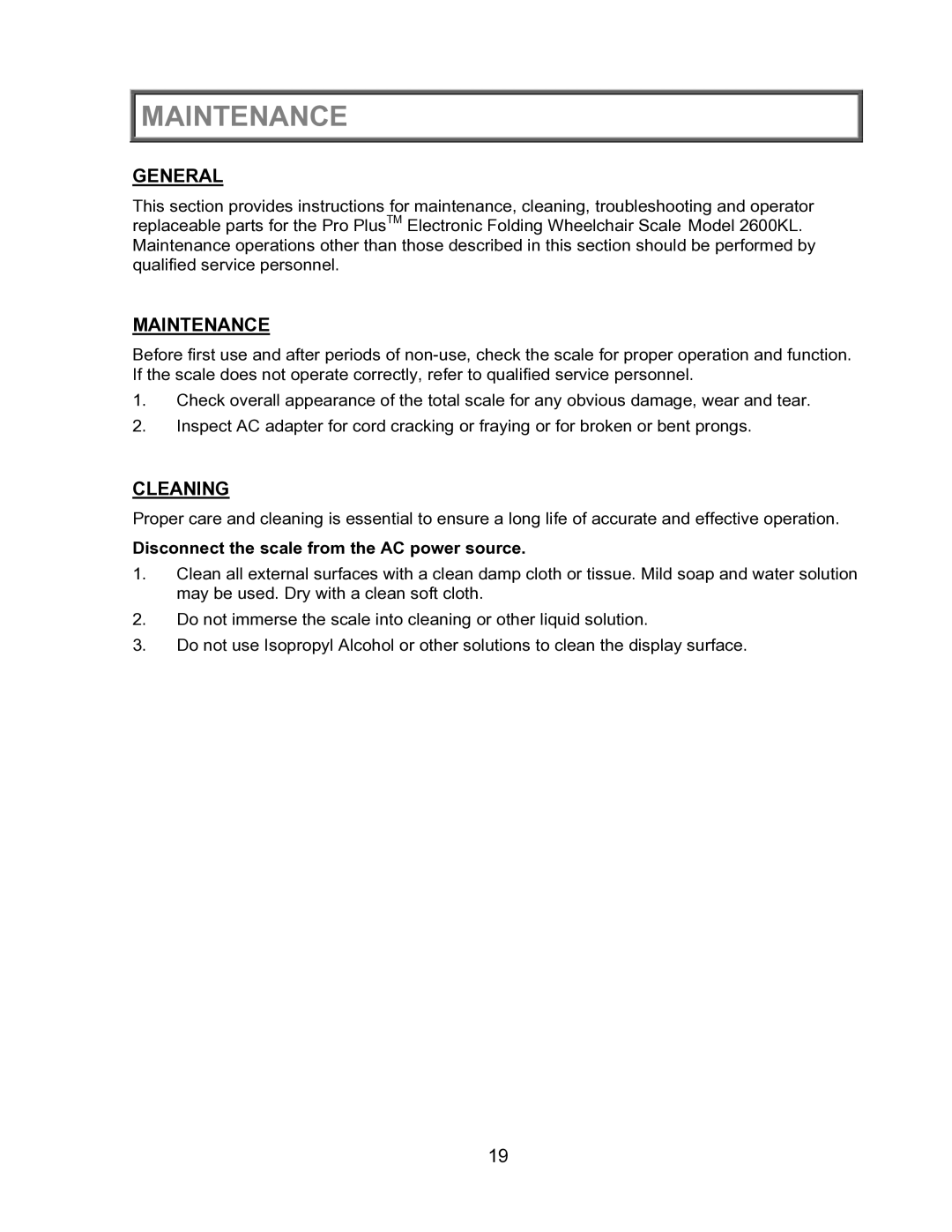 Health O Meter 2600KL operation manual Maintenance, Cleaning, Disconnect the scale from the AC power source 