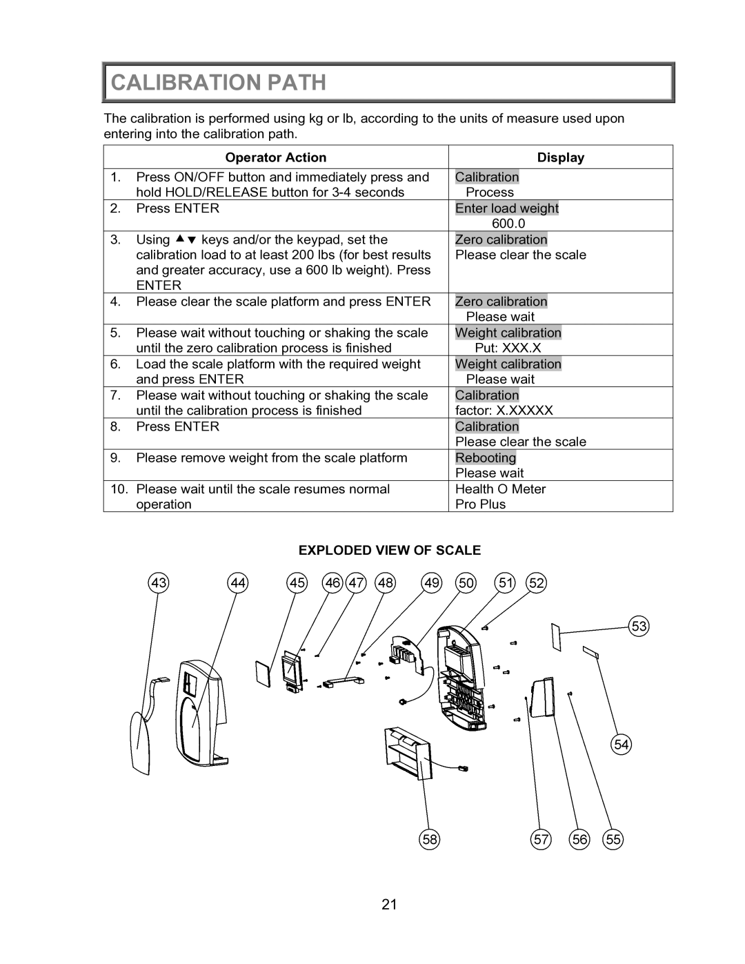 Health O Meter 2600KL operation manual Calibration Path, Operator Action Display 