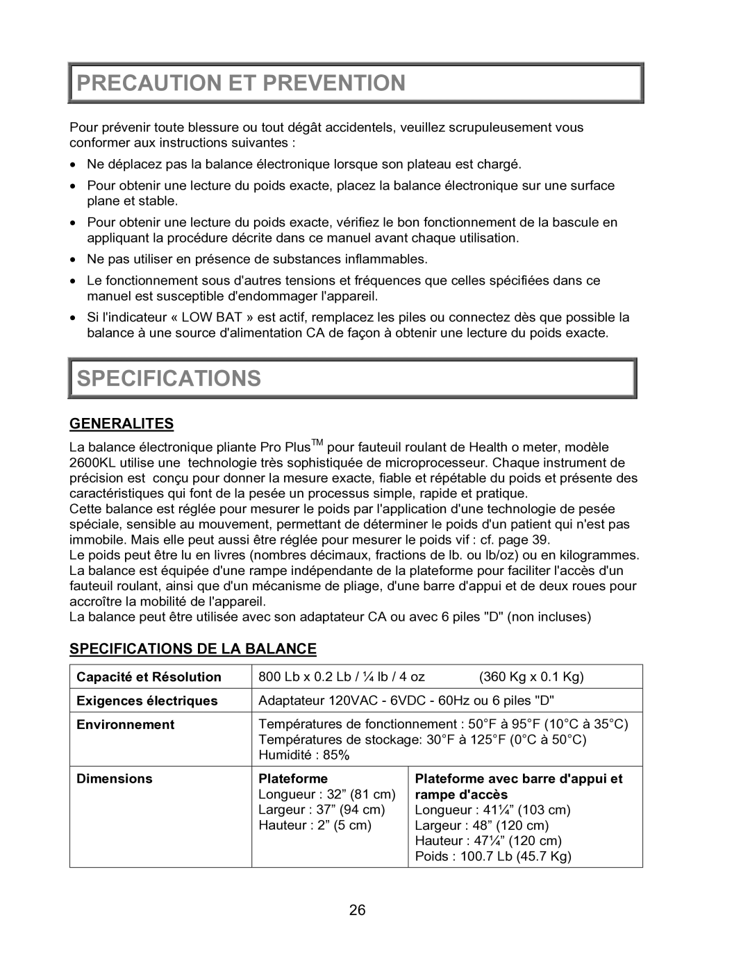 Health O Meter 2600KL operation manual Precaution ET Prevention, Generalites, Specifications DE LA Balance 