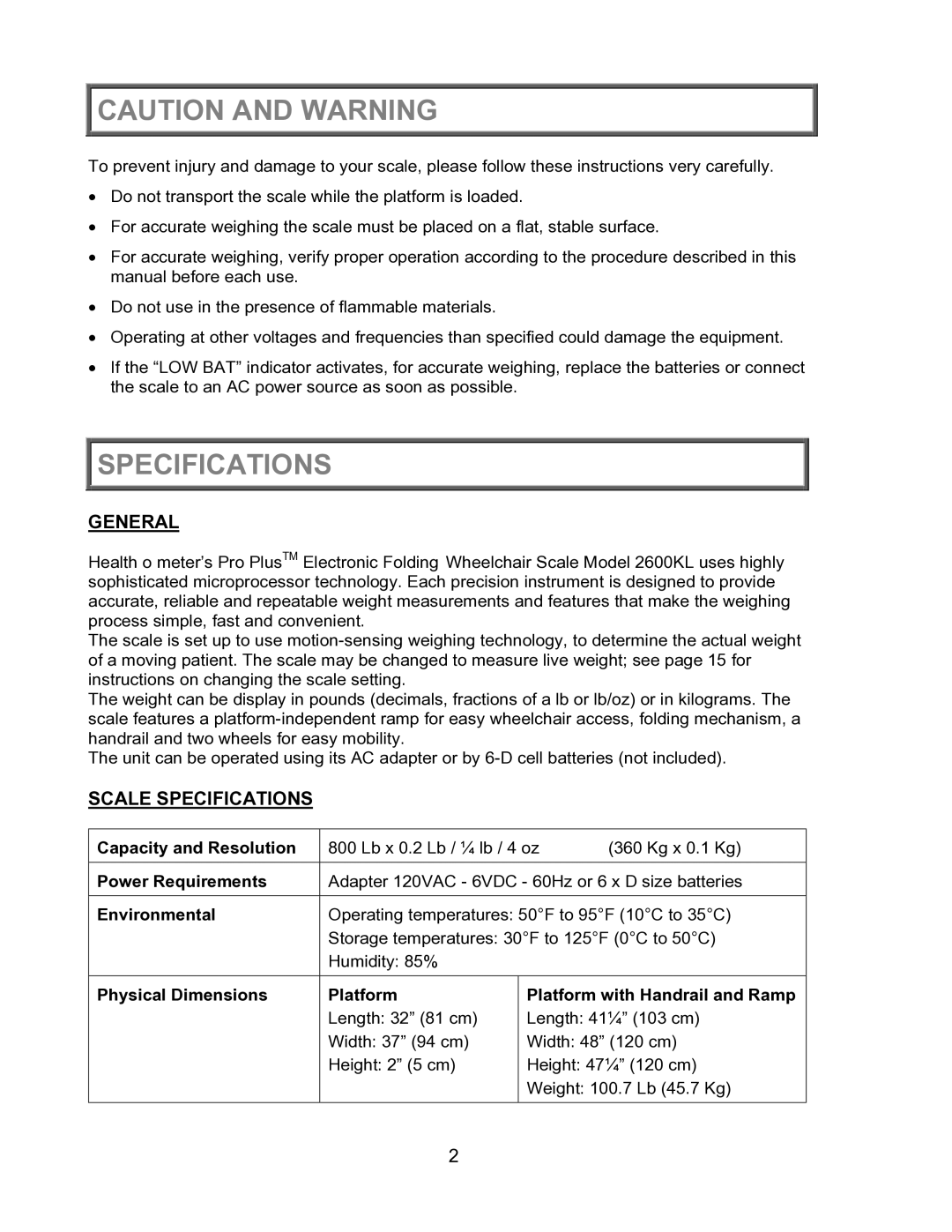 Health O Meter 2600KL operation manual General, Scale Specifications 