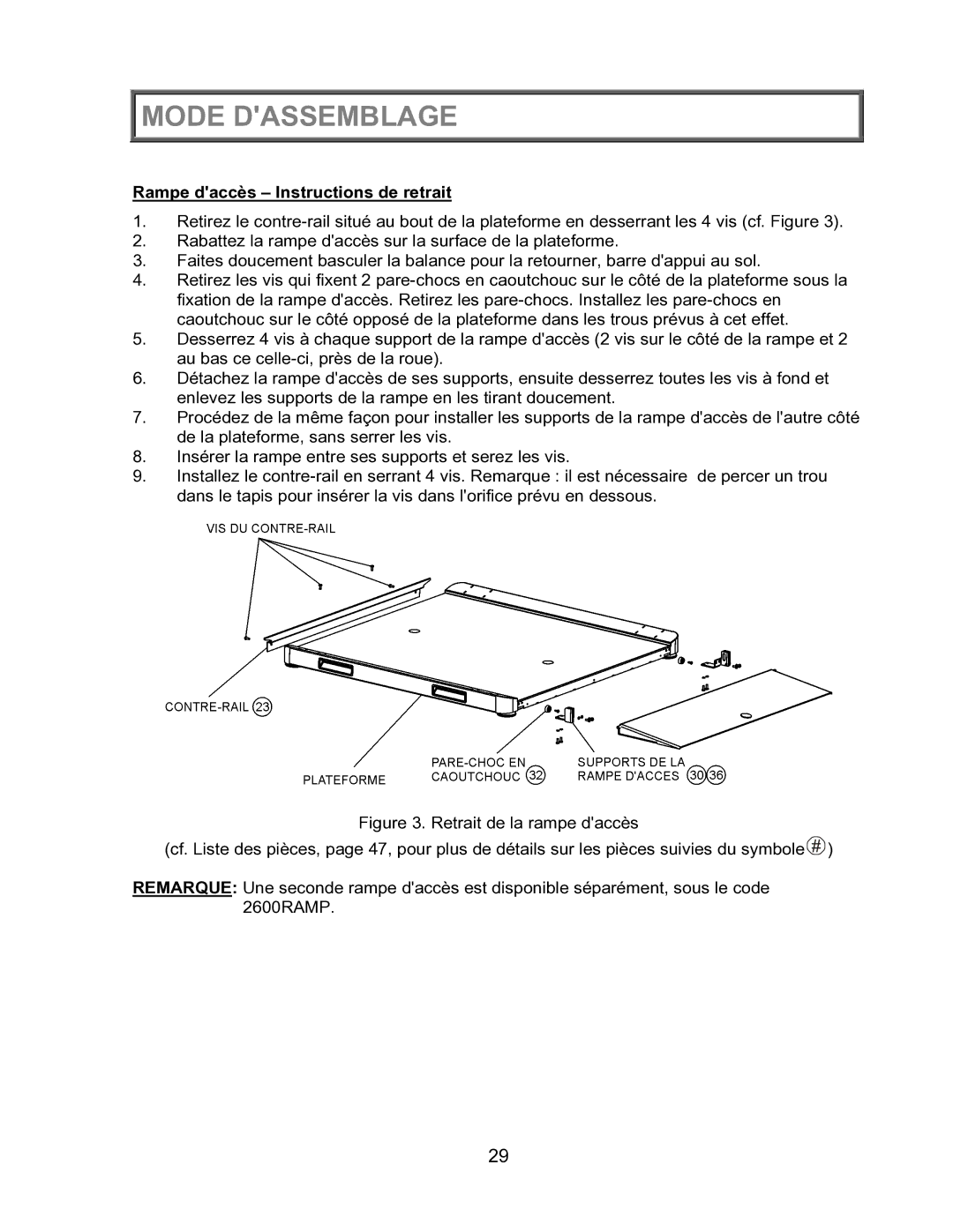 Health O Meter 2600KL operation manual Rampe daccès Instructions de retrait 