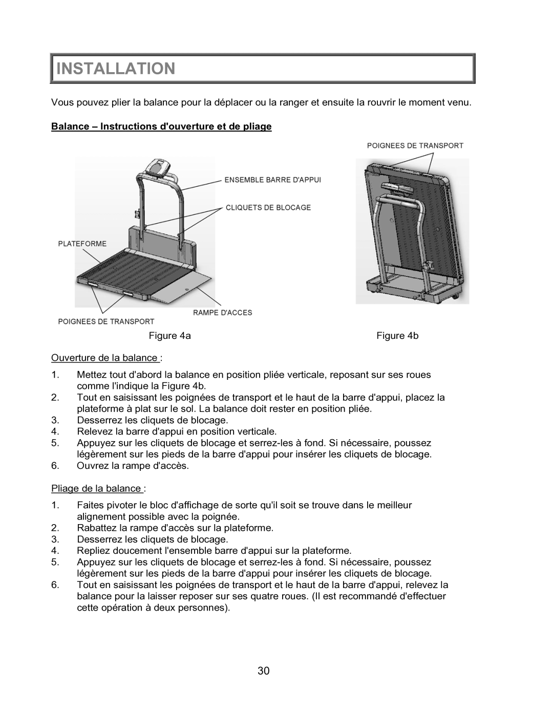 Health O Meter 2600KL operation manual Installation, Balance Instructions douverture et de pliage 