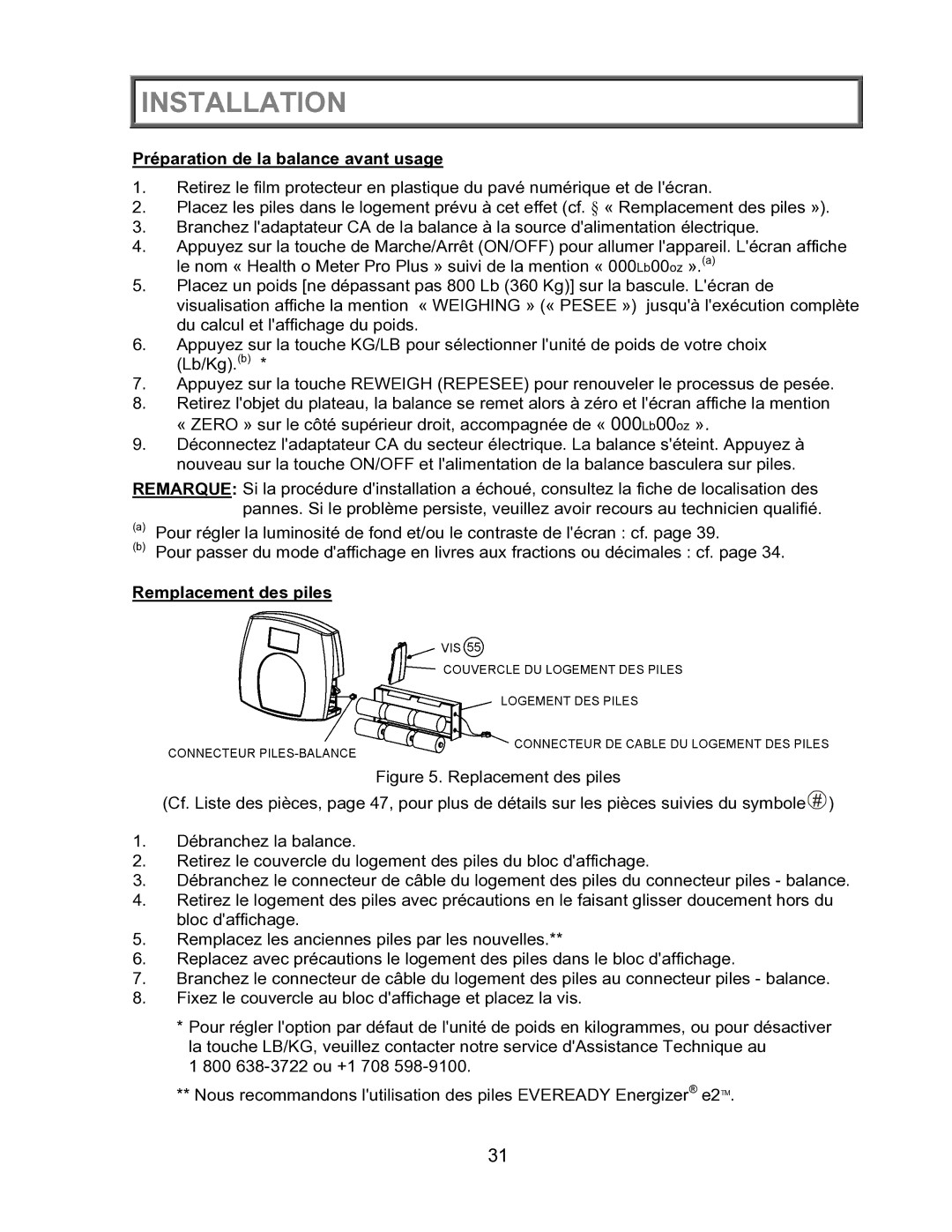 Health O Meter 2600KL operation manual Préparation de la balance avant usage, Remplacement des piles 