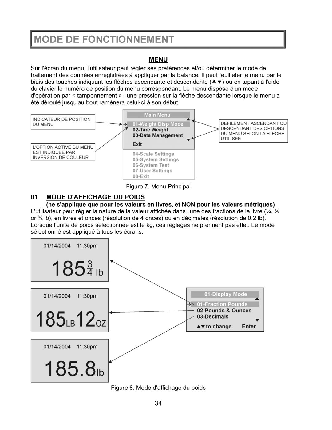 Health O Meter 2600KL operation manual Mode Daffichage DU Poids, Menu Principal 