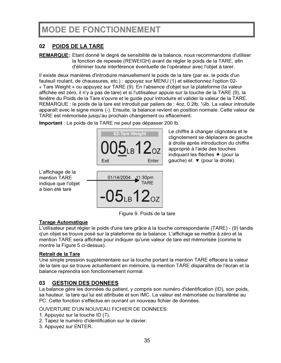 Health O Meter 2600KL operation manual Poids DE LA Tare, Gestion DES Donnees, Tarage Automatique, Retrait de la Tare 