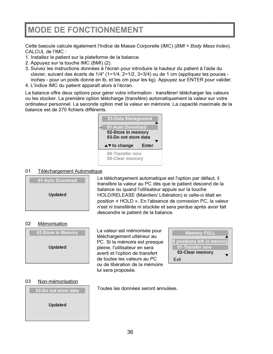 Health O Meter 2600KL operation manual Mode DE Fonctionnement 