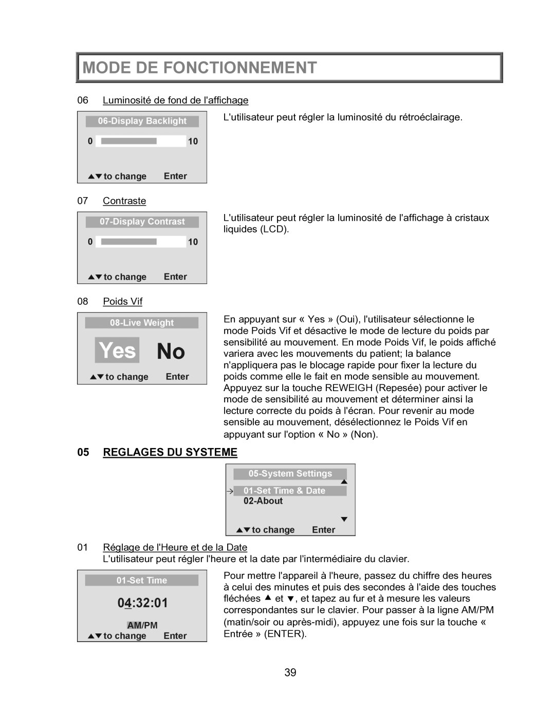 Health O Meter 2600KL operation manual Reglages DU Systeme 