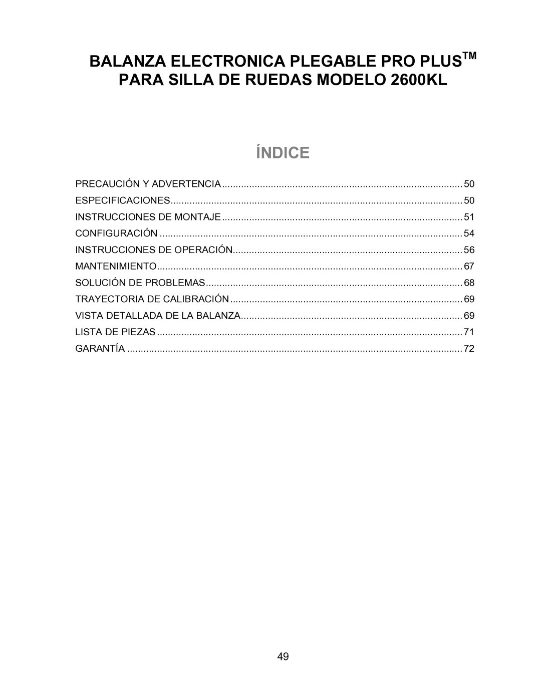 Health O Meter 2600KL operation manual Índice 