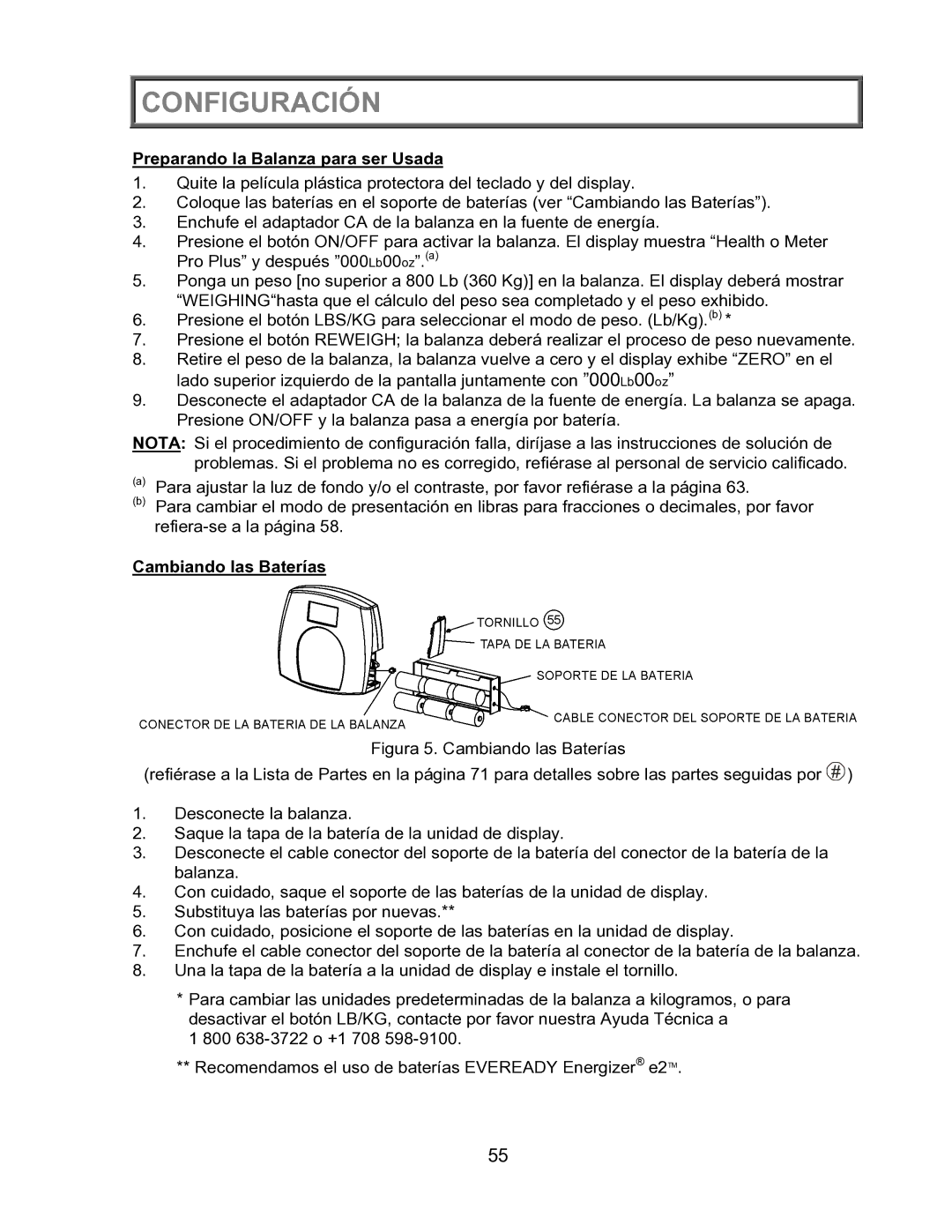 Health O Meter 2600KL operation manual Preparando la Balanza para ser Usada, Cambiando las Baterías 