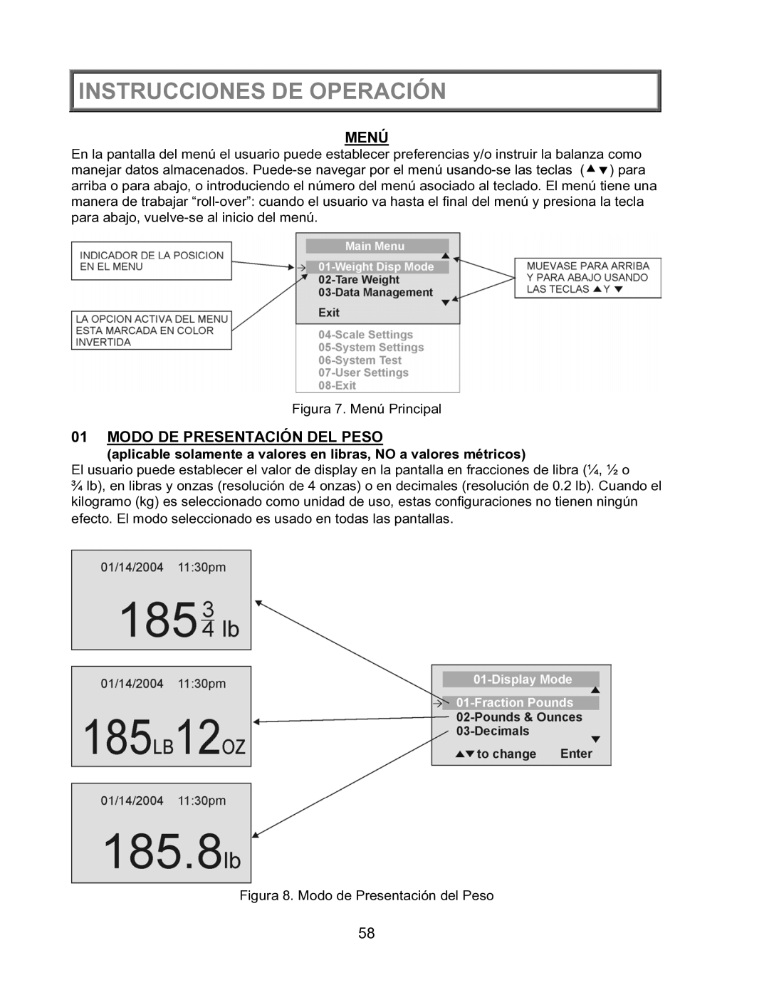 Health O Meter 2600KL operation manual Menú, Modo DE Presentación DEL Peso 