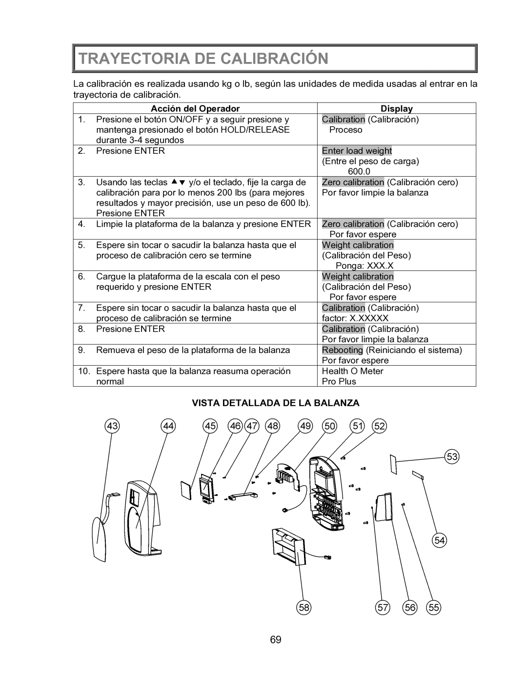 Health O Meter 2600KL operation manual Trayectoria DE Calibración, Acción del Operador Display 