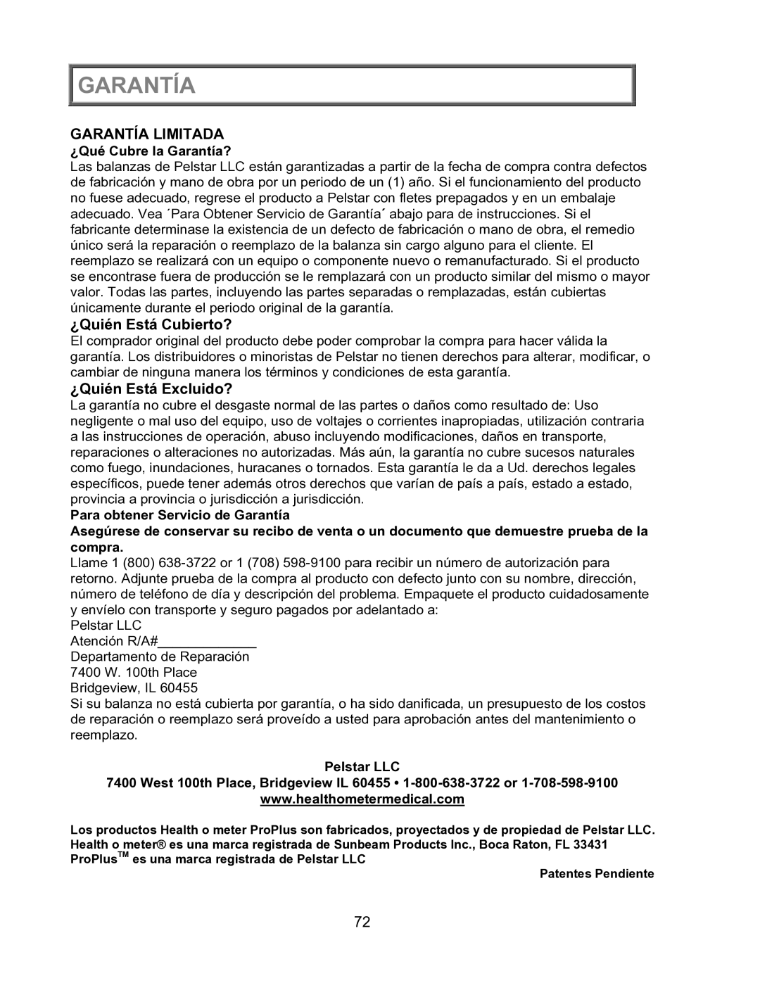 Health O Meter 2600KL operation manual Garantía Limitada, ¿Qué Cubre la Garantía? 