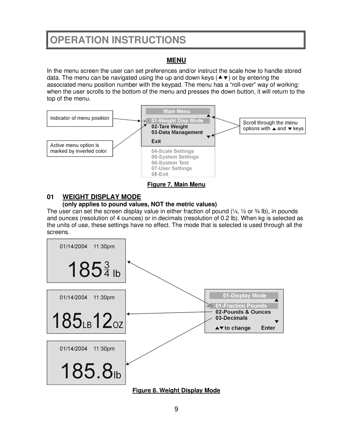 Health O Meter 2650KL operation manual Menu, Weight Display Mode, Only applies to pound values, not the metric values 