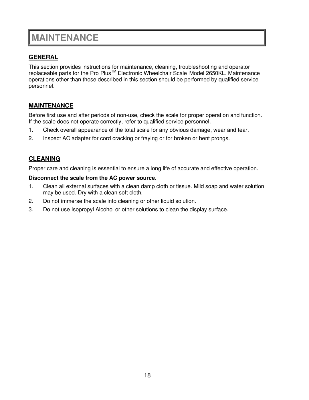 Health O Meter 2650KL operation manual Maintenance, Cleaning, Disconnect the scale from the AC power source 