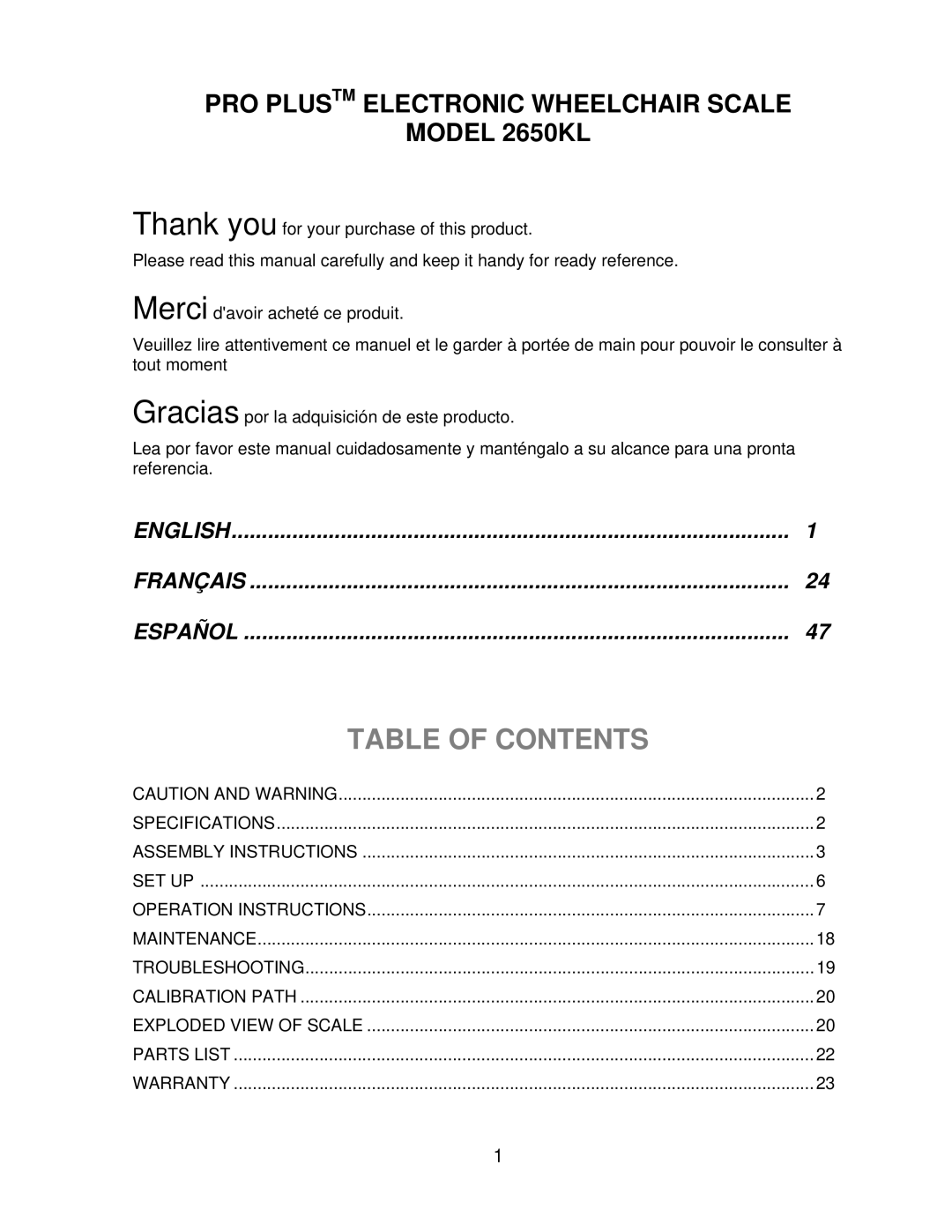 Health O Meter 2650KL operation manual Table of Contents 