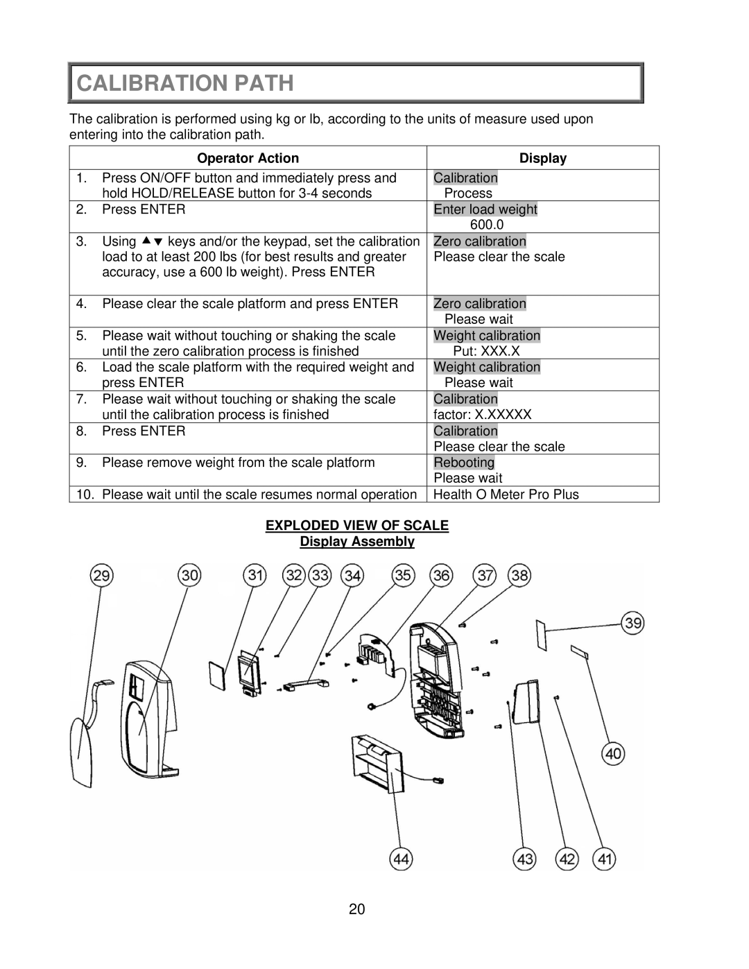 Health O Meter 2650KL operation manual Calibration Path, Operator Action Display, Display Assembly 