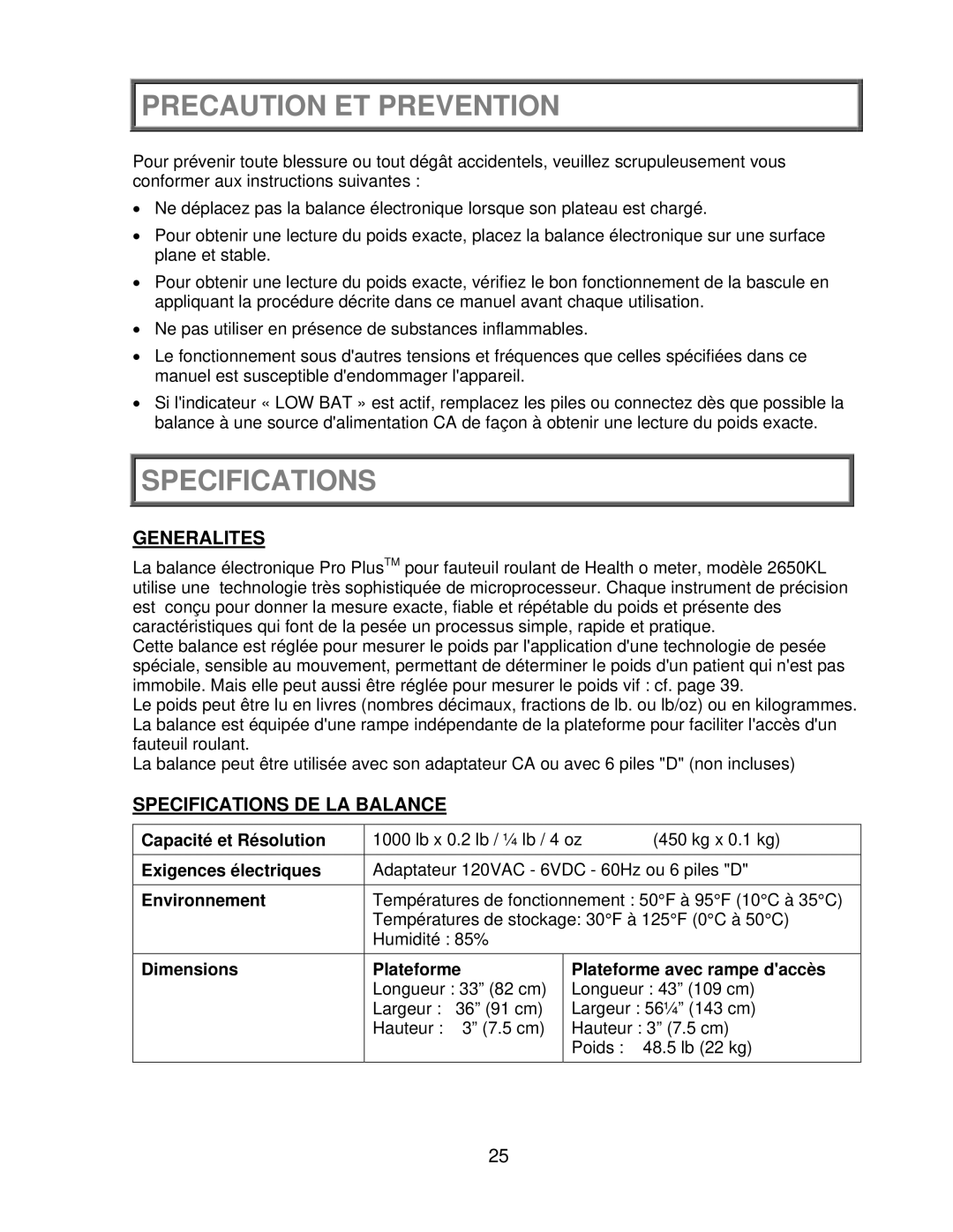 Health O Meter 2650KL operation manual Precaution ET Prevention, Generalites, Specifications DE LA Balance 