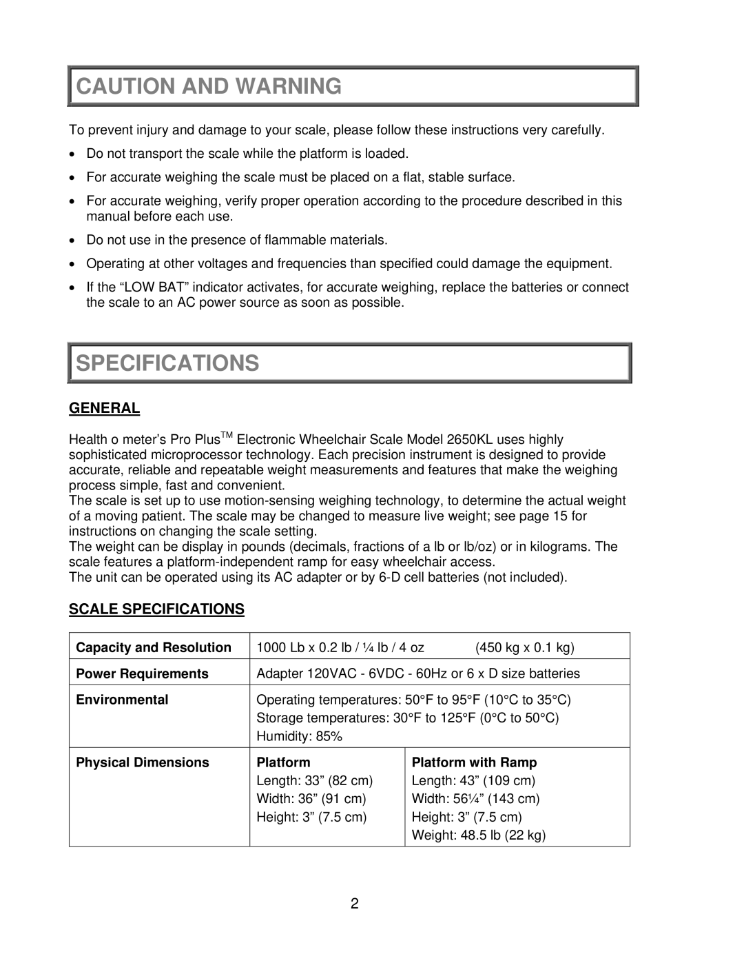 Health O Meter 2650KL operation manual General, Scale Specifications 