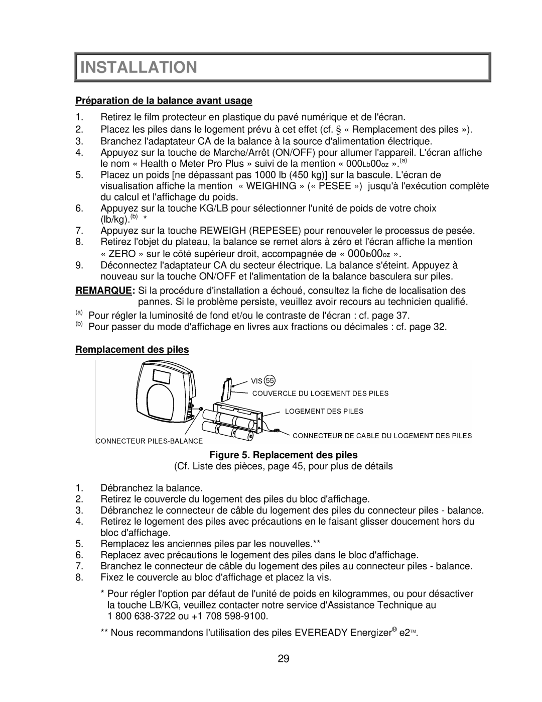 Health O Meter 2650KL operation manual Installation, Préparation de la balance avant usage, Remplacement des piles 