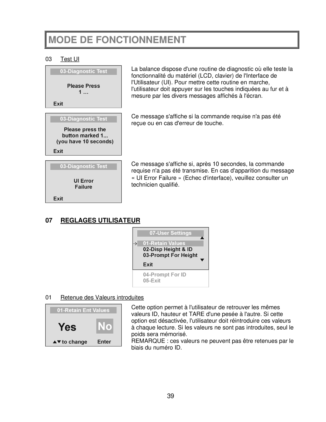 Health O Meter 2650KL operation manual Reglages Utilisateur 