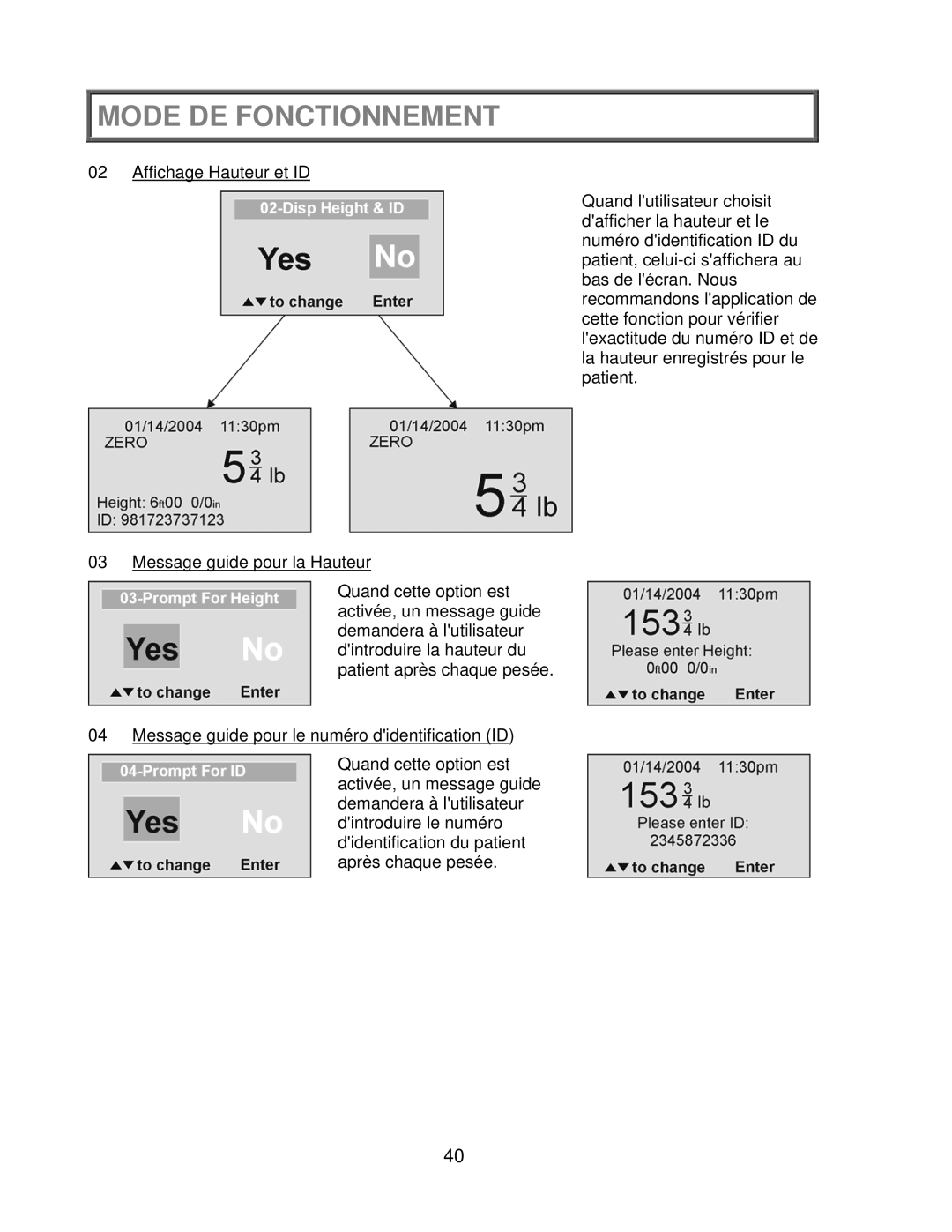 Health O Meter 2650KL operation manual Mode DE Fonctionnement 