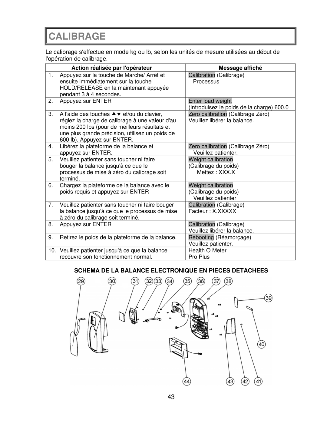 Health O Meter 2650KL operation manual Calibrage, Action réalisée par lopérateur Message affiché 