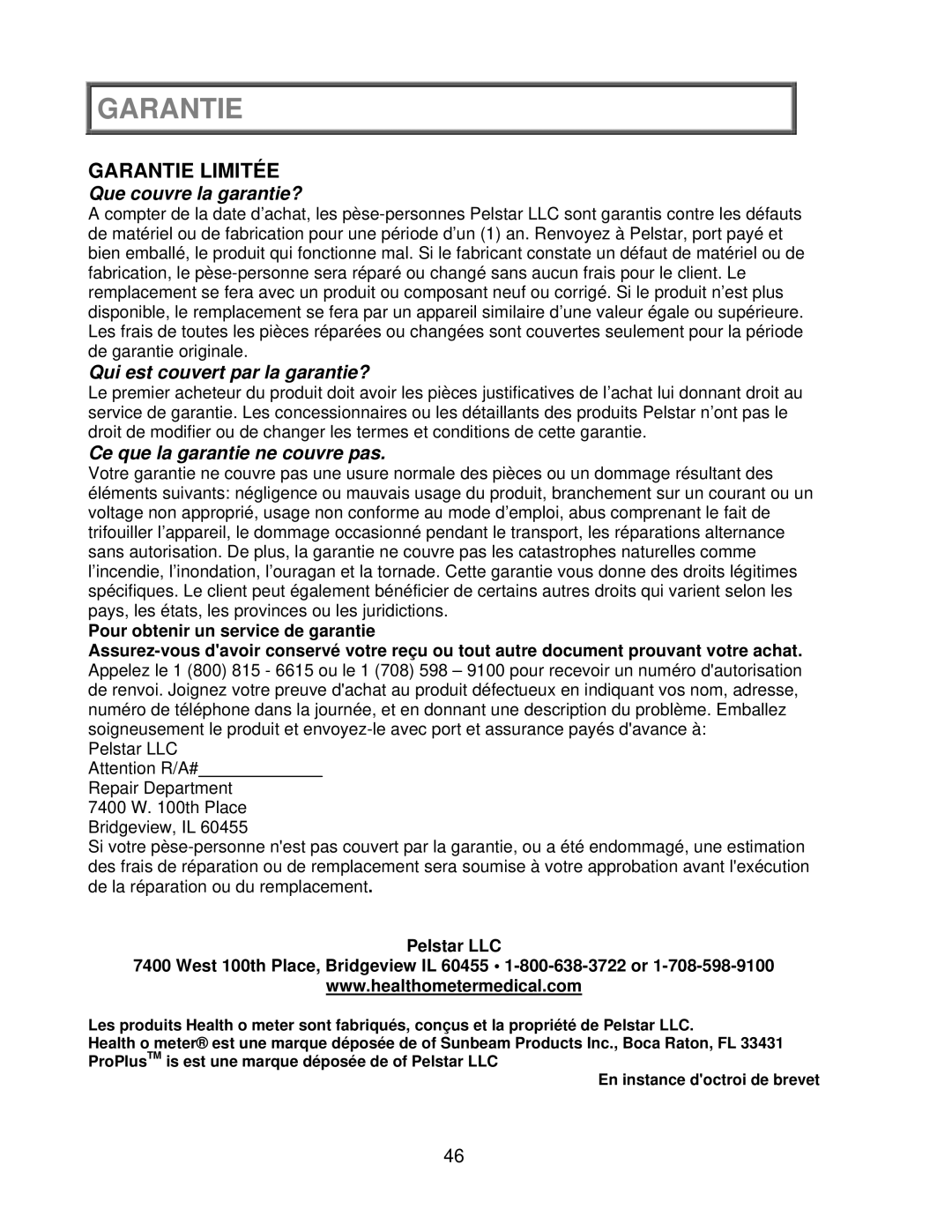 Health O Meter 2650KL operation manual Garantie, Pour obtenir un service de garantie 