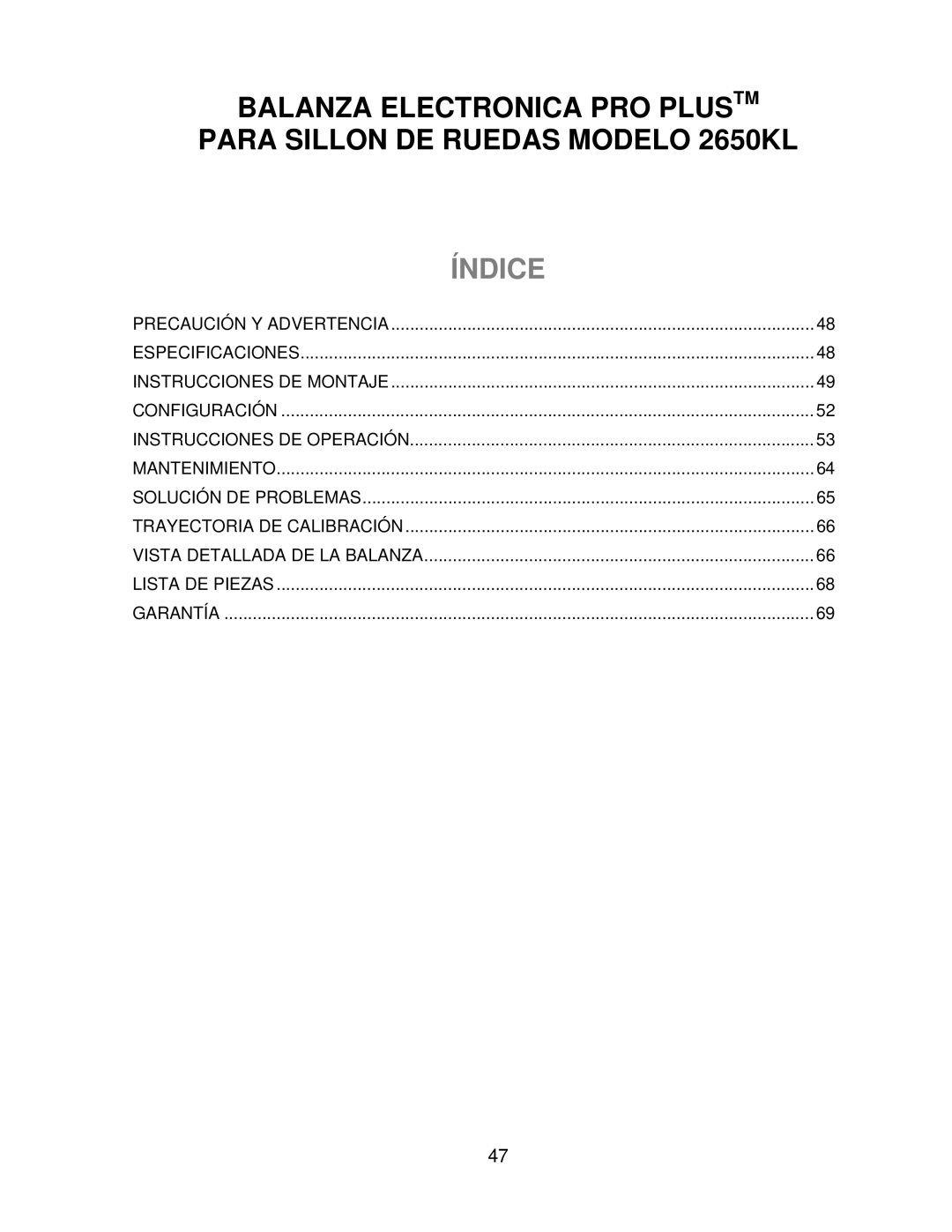 Health O Meter 2650KL operation manual Índice 