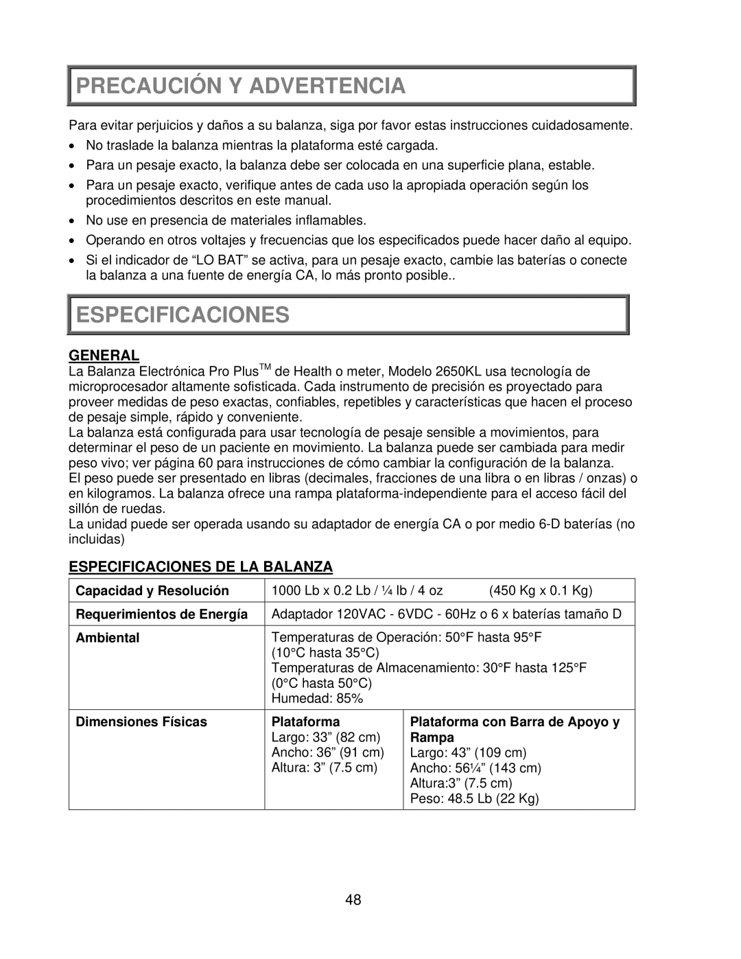 Health O Meter 2650KL operation manual Precaución Y Advertencia, Especificaciones DE LA Balanza 