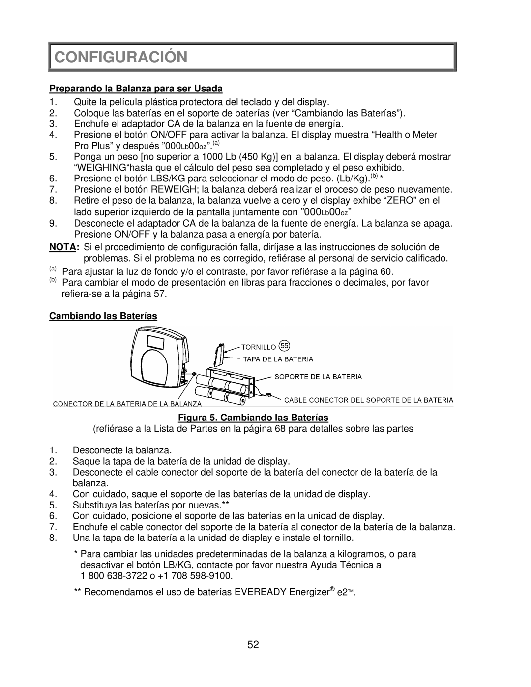 Health O Meter 2650KL operation manual Configuración, Preparando la Balanza para ser Usada, Cambiando las Baterías 