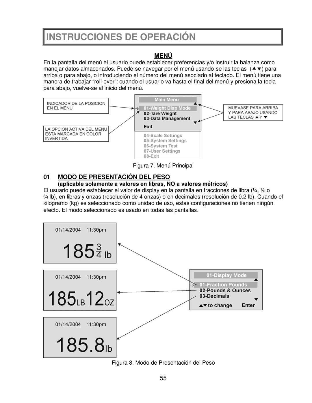 Health O Meter 2650KL operation manual Menú, Modo DE Presentación DEL Peso 