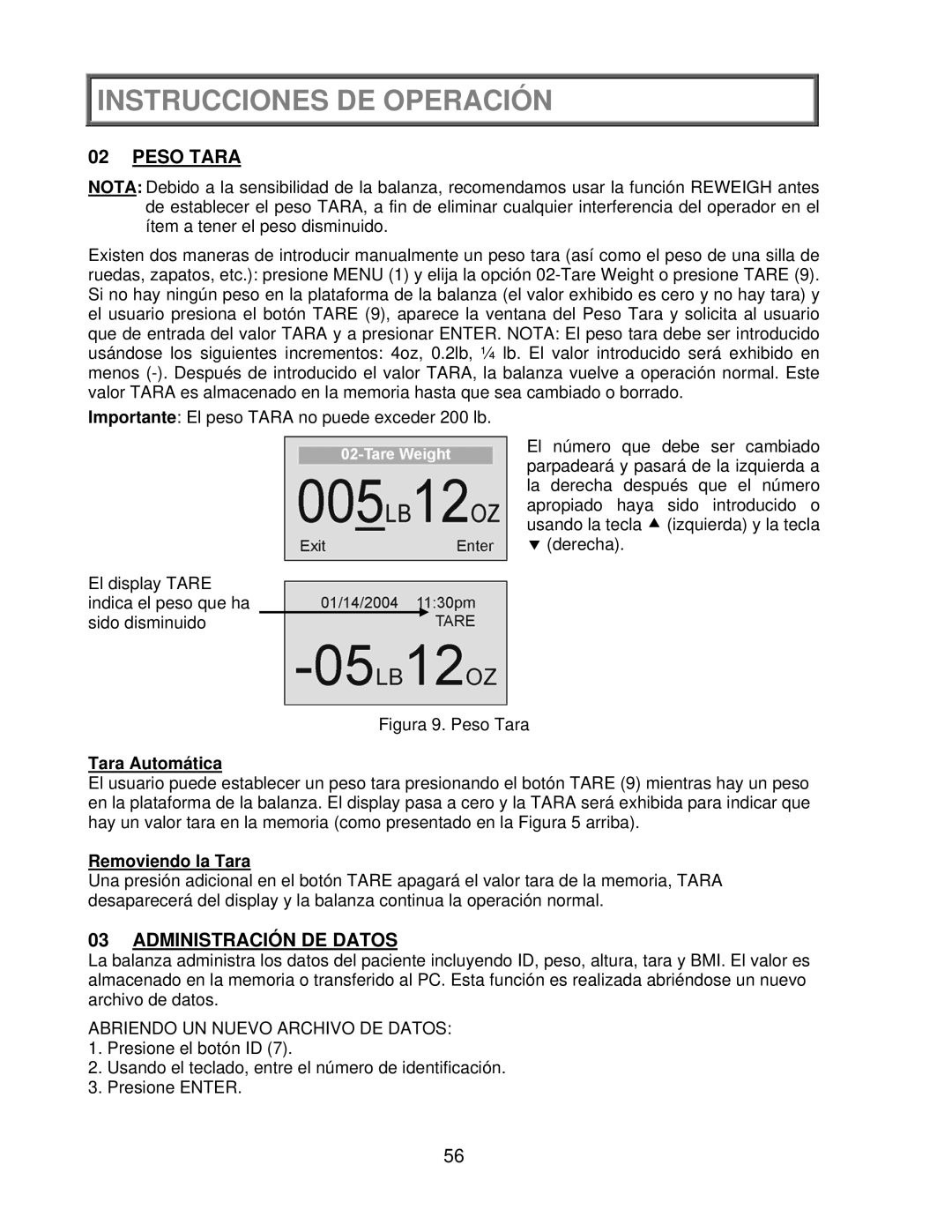 Health O Meter 2650KL operation manual Peso Tara, Administración DE Datos, Tara Automática, Removiendo la Tara 