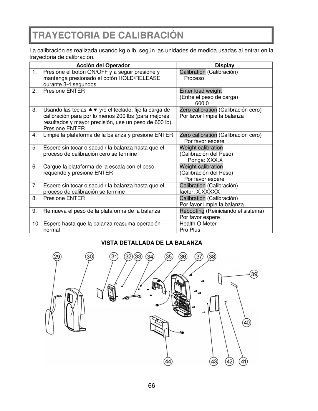 Health O Meter 2650KL operation manual Trayectoria DE Calibración, Acción del Operador Display 