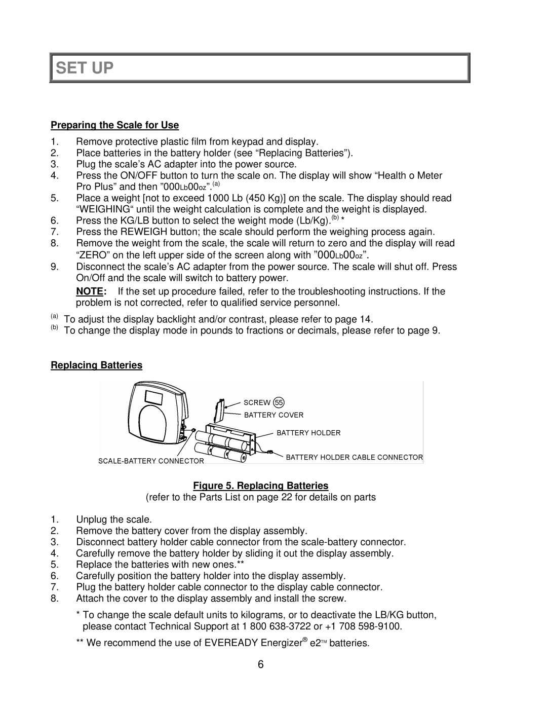 Health O Meter 2650KL operation manual Set Up, Preparing the Scale for Use, Replacing Batteries 