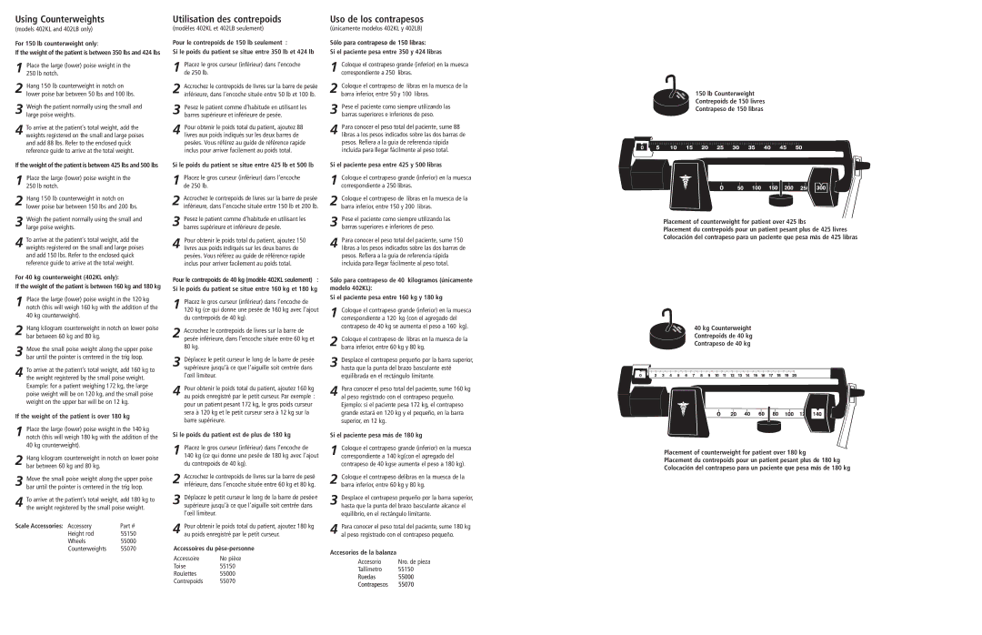 Health O Meter 402KL, 400KL operating instructions Using Counterweights, Utilisation des contrepoids, Uso de los contrapesos 