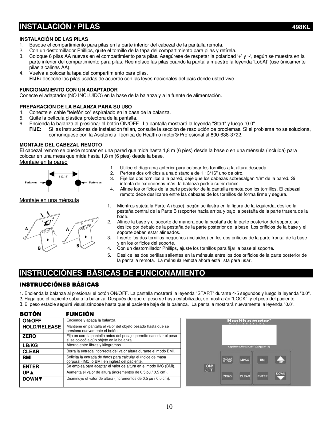 Health O Meter 498KL manual Instalación / Pilas, Instrucciónes Básicas DE Funcionamiento, Botón, Función 