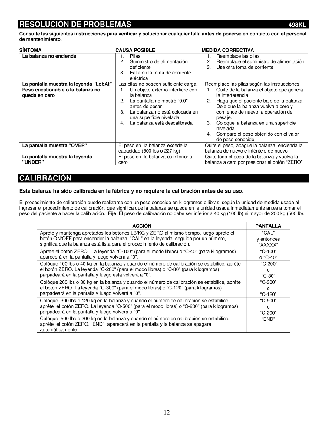 Health O Meter 498KL Resolución DE Problemas, Calibración, Síntoma Causa Posible Medida Correctiva, Under, Acción Pantalla 