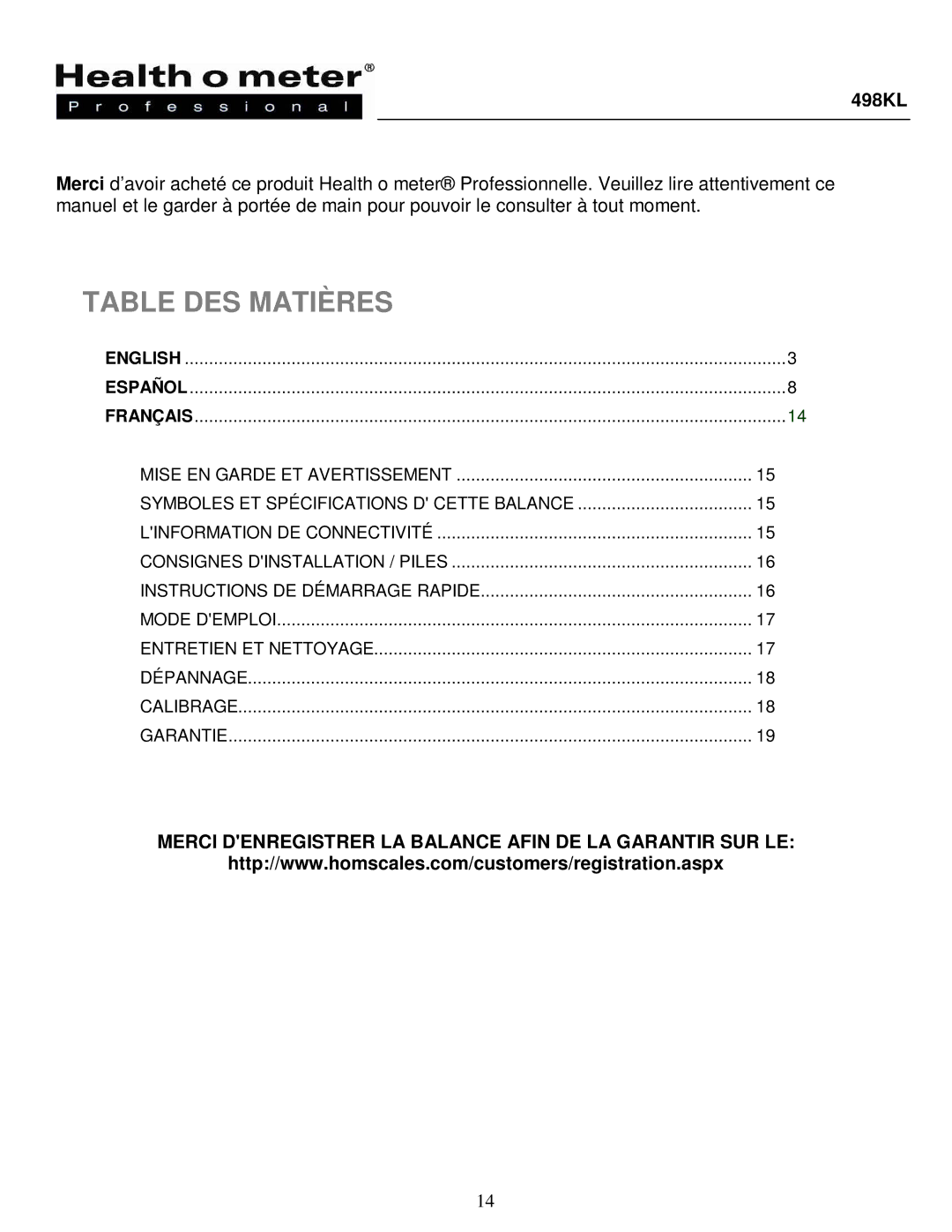 Health O Meter 498KL manual Table DES Matières 