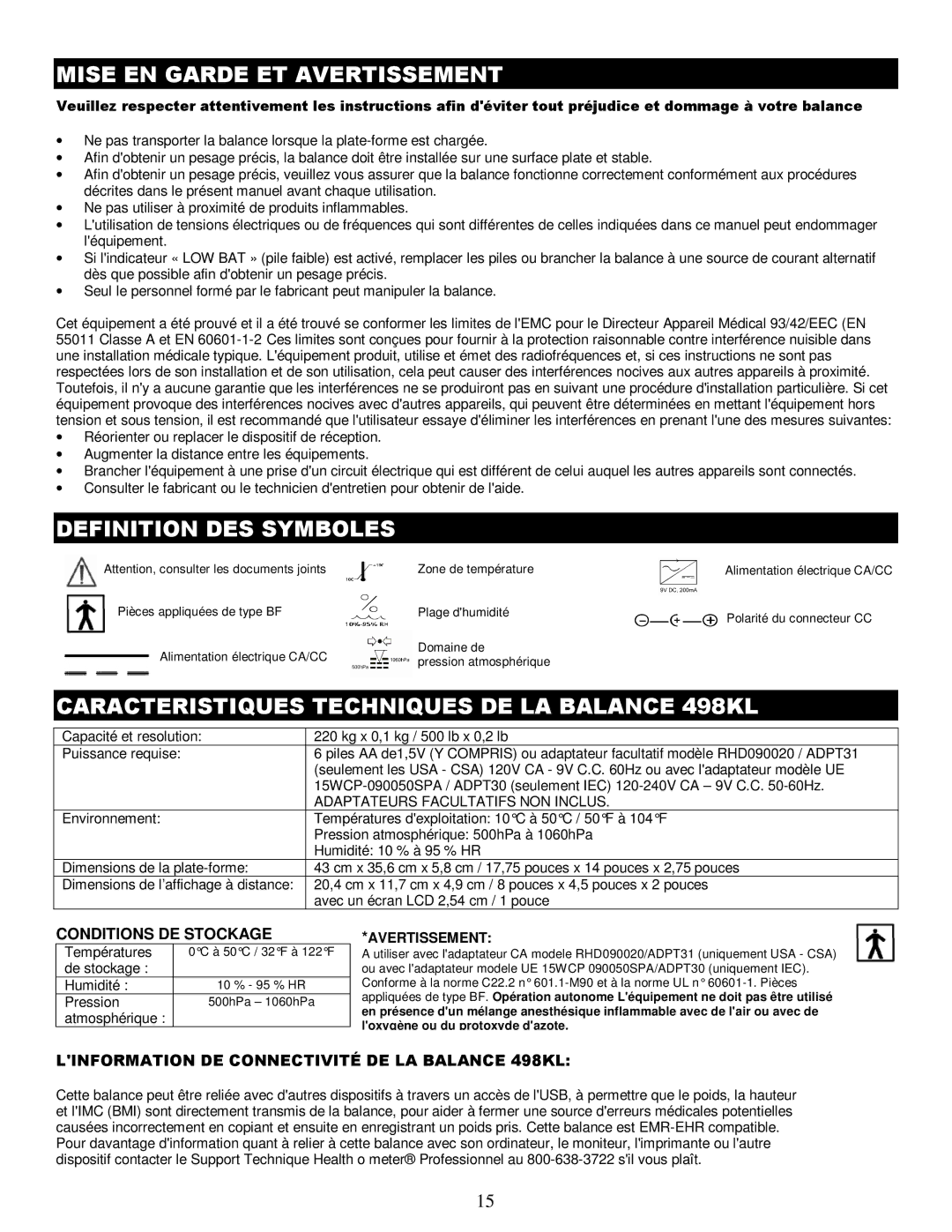 Health O Meter 498KL manual Adaptateurs Facultatifs NON Inclus, Avertissement 