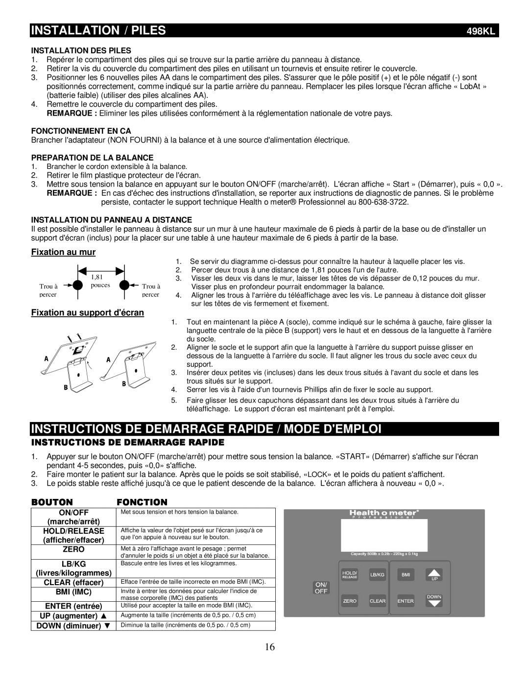 Health O Meter 498KL manual Installation / Piles, Instructions DE Demarrage Rapide / Mode Demploi, Bouton, Fonction 