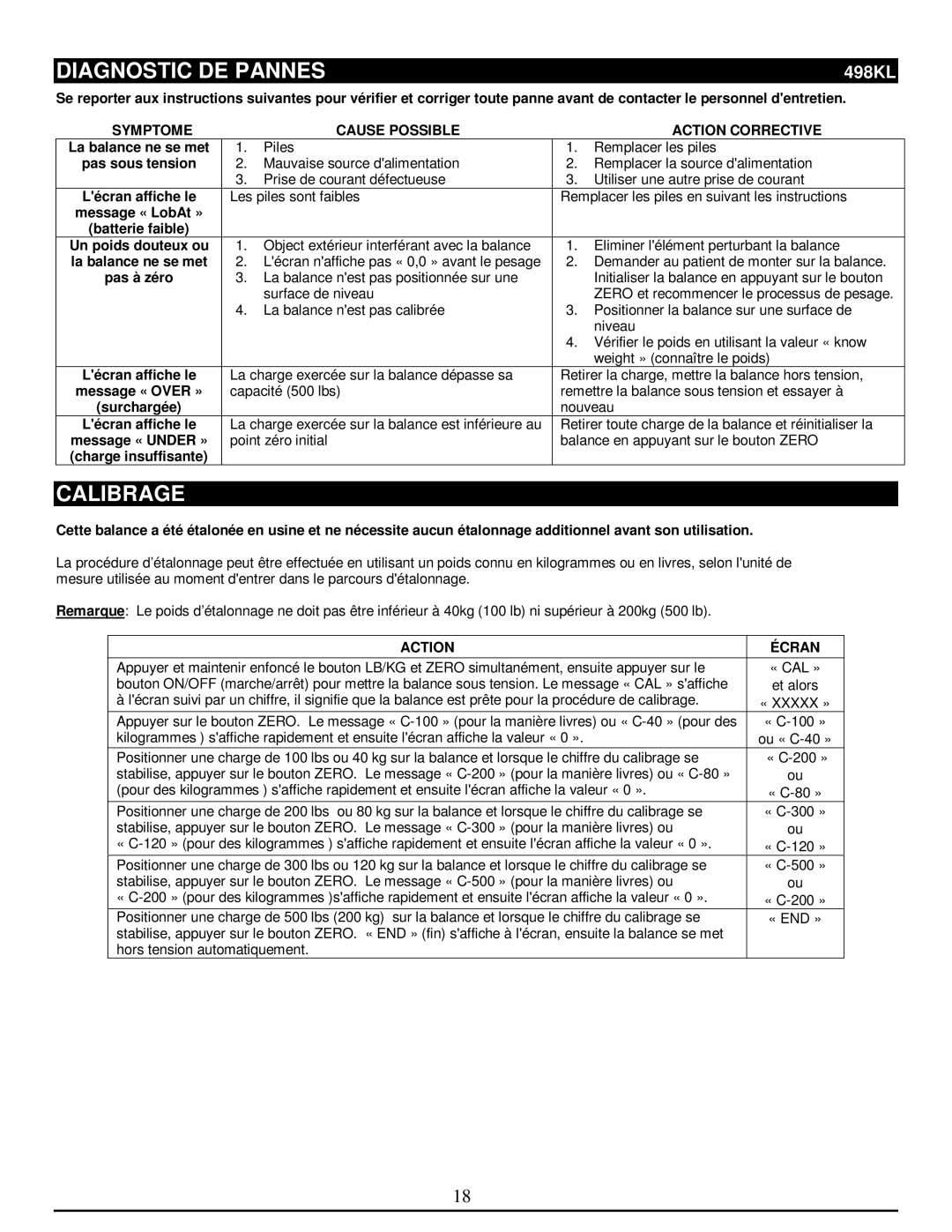 Health O Meter 498KL manual Diagnostic DE Pannes, Calibrage, Symptome Cause Possible, Action Corrective, Action Écran 