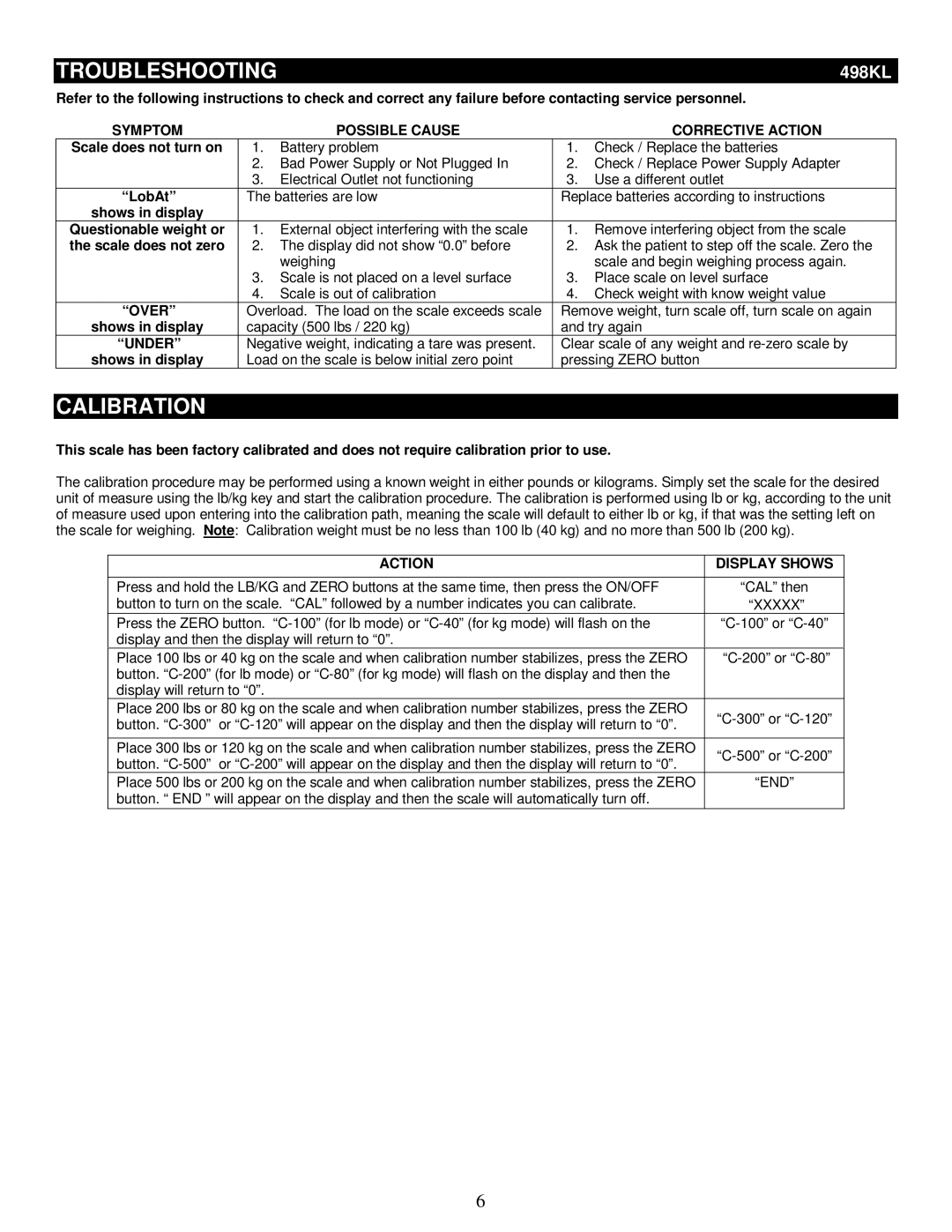 Health O Meter 498KL manual Troubleshooting, Calibration 