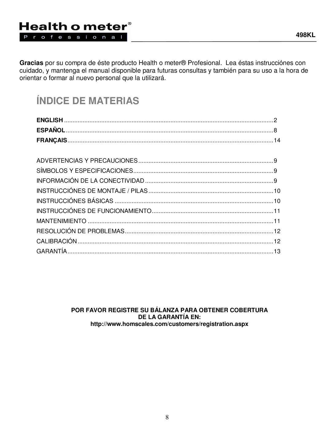 Health O Meter 498KL manual Índice DE Materias 