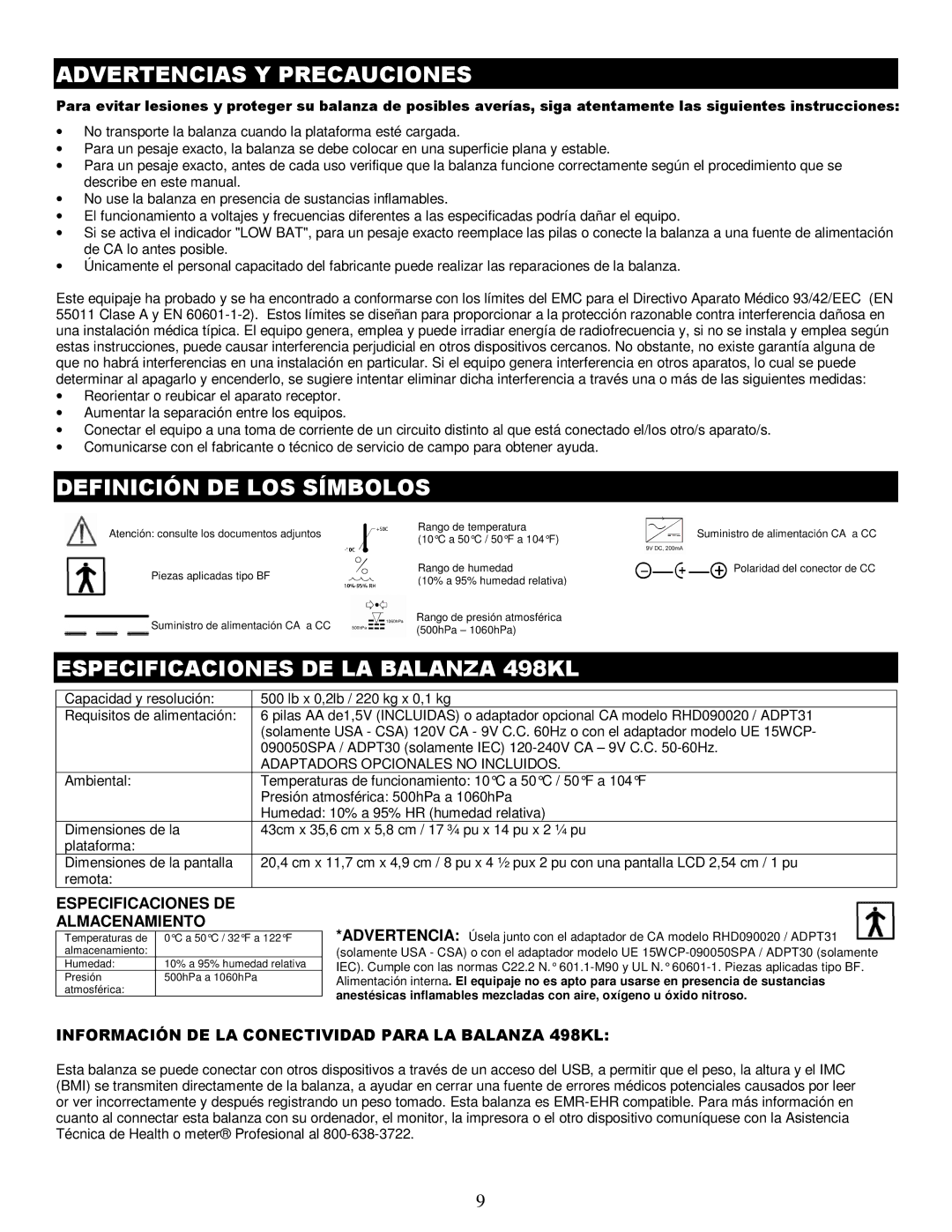 Health O Meter 498KL manual Advertencias Y Precauciones, Adaptadors Opcionales no Incluidos 