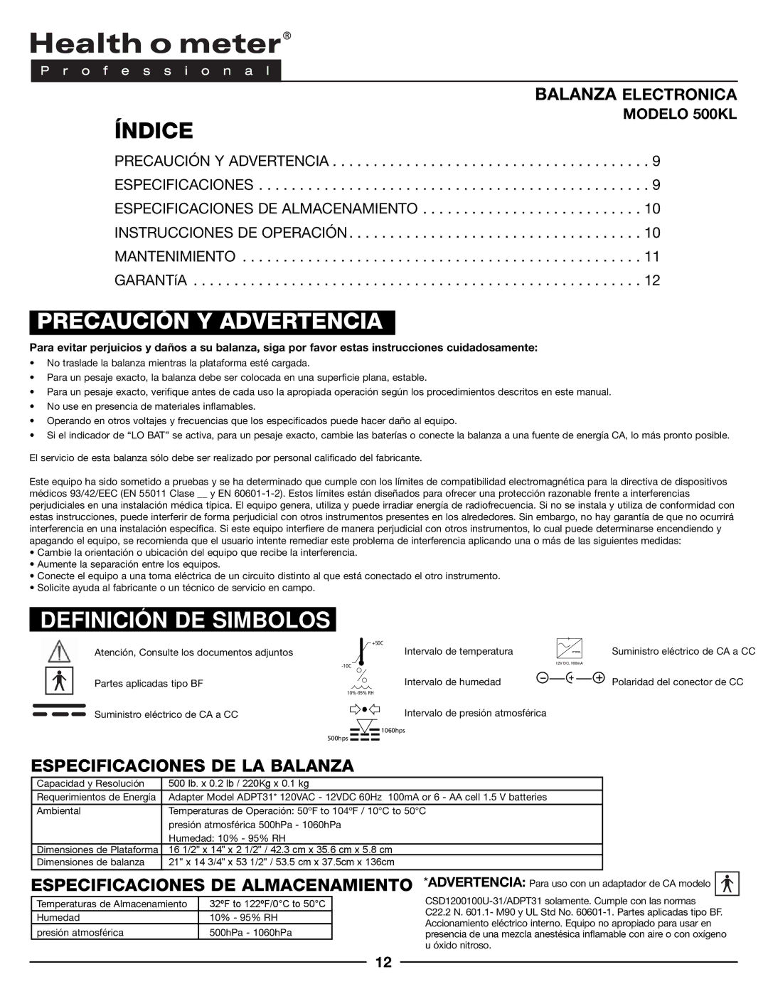 Health O Meter operation manual Índice, Precaución Y Advertencia, Definicion DE Simbolos, Modelo 500KL 