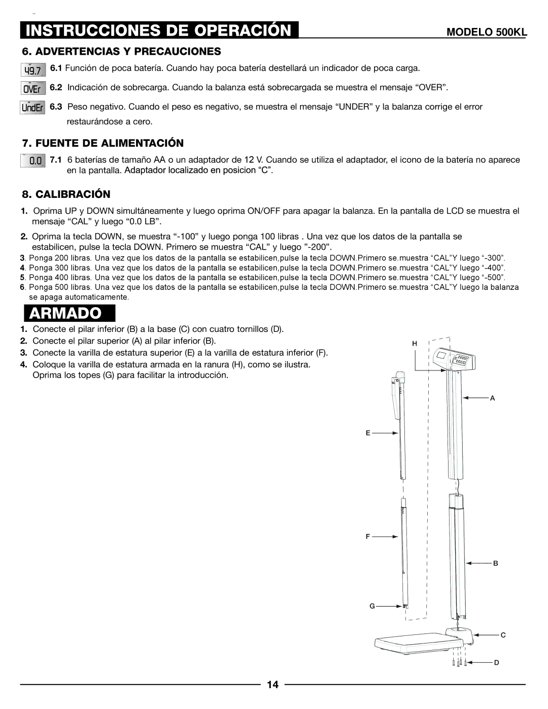 Health O Meter 500KL operation manual Armado, Fuente DE Alimentación, Calibración 