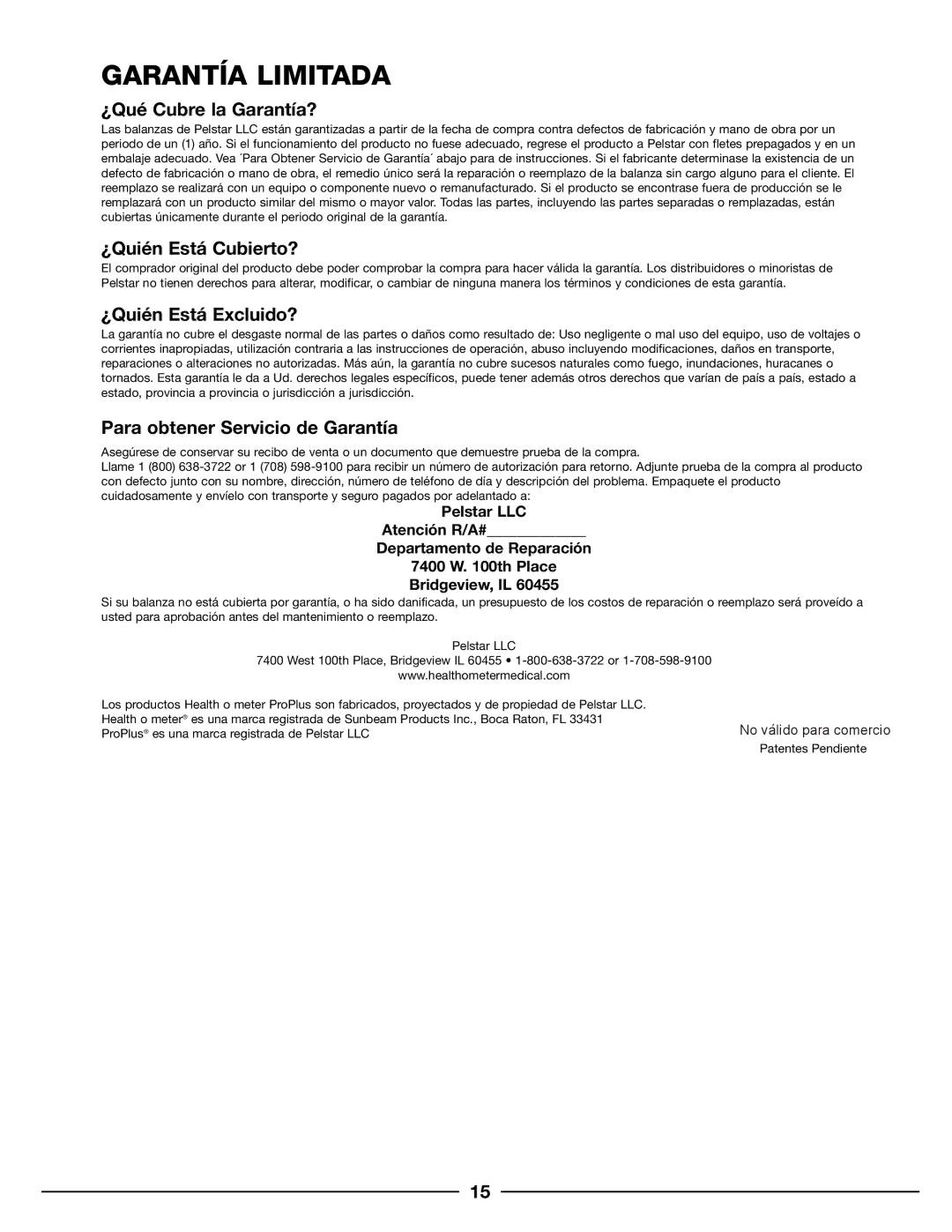 Health O Meter 500KL operation manual Garantía Limitada, ¿Qué Cubre la Garantía? 