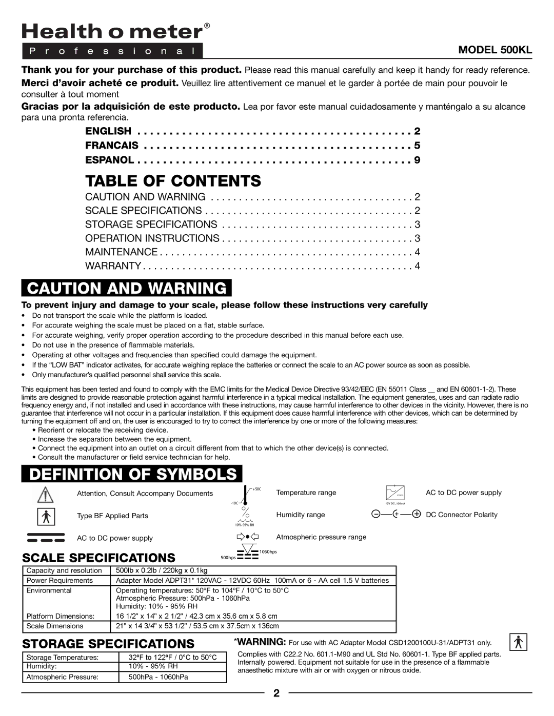 Health O Meter 500KL operation manual Table of Contents, Definition of Symbols 